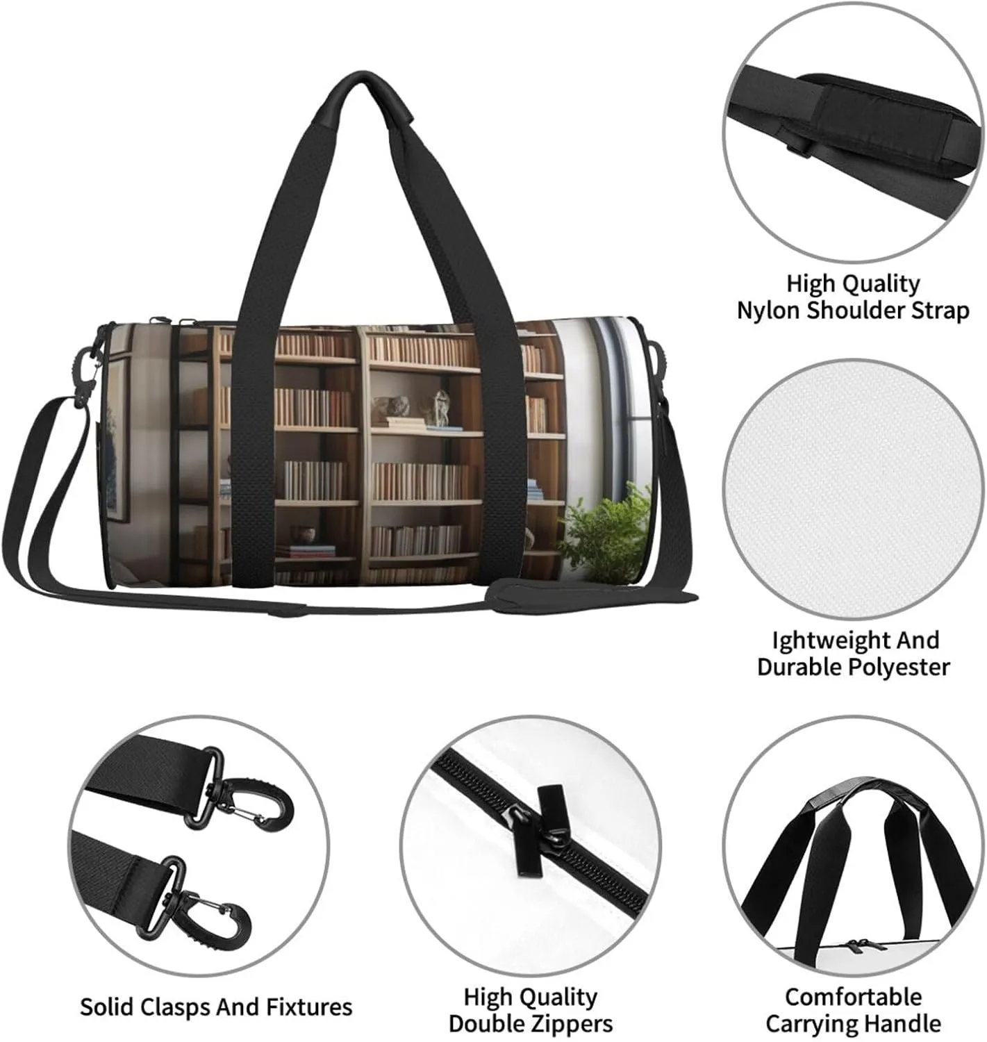 library bookshelf Printed Travel Bag,Round Personal Item Storage bag,Foldie Duffel Bag for Traveling Vacation,Fitness,Sports