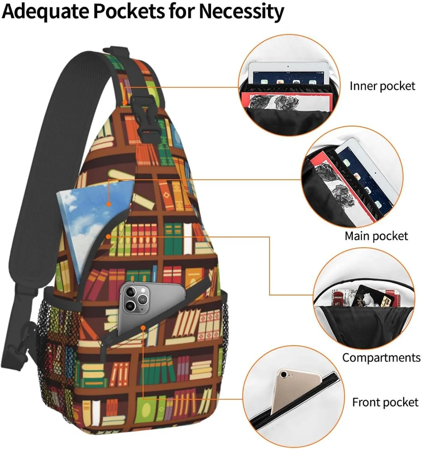 Library Crossbody Bag Books Shoulder Bag Funny Backpack Sling Bag Chest Casual Daypack for Outdoor