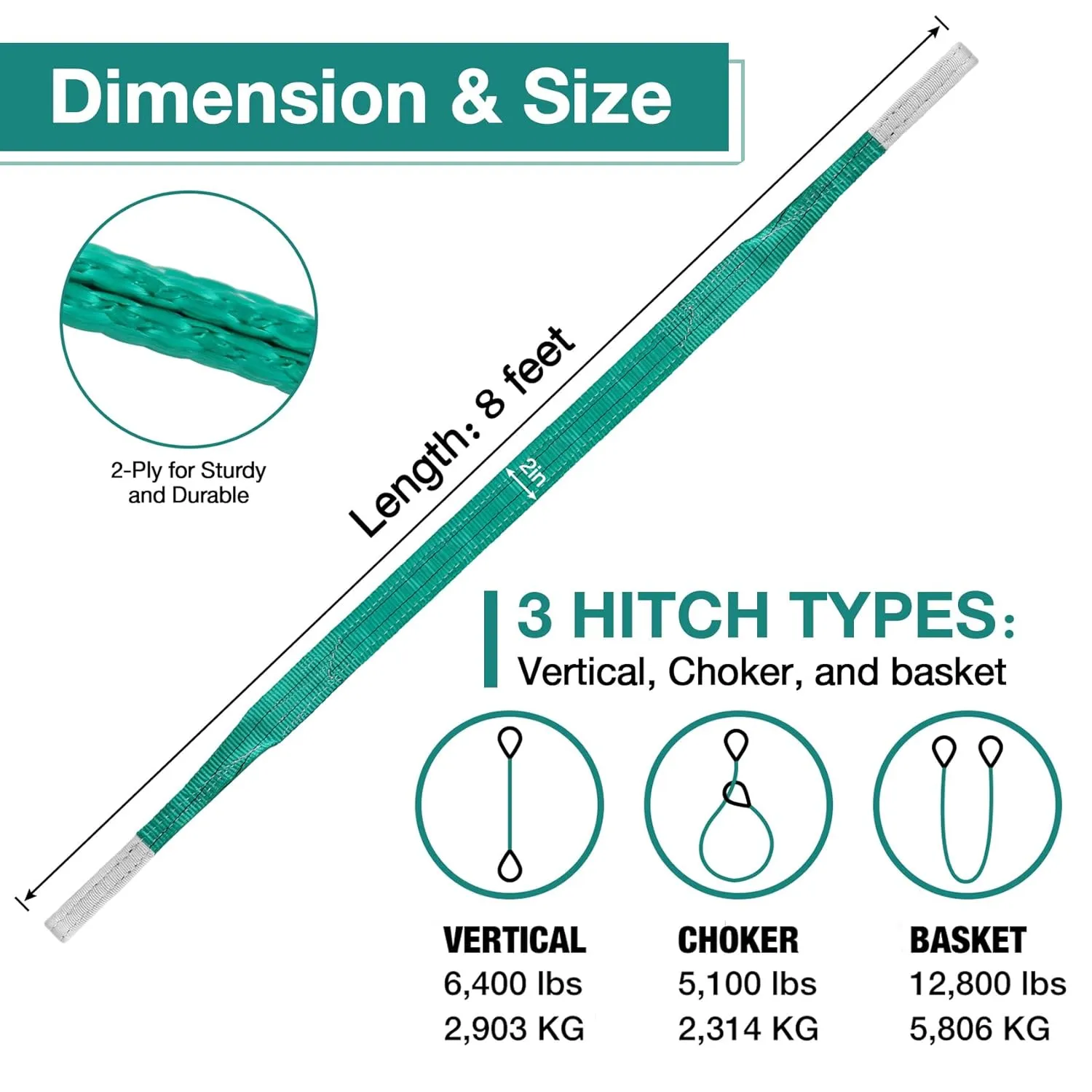 Lift Sling Straps,2" x 8' 2-Ply Heavy Duty Lift Slings,Polyester Lifting Sling Strap Not Nylon Tree Saver Recovery Strap Web Sling Rigging Moving Tow Hoist Gear Straps 6400lb 5100lb 12800lb