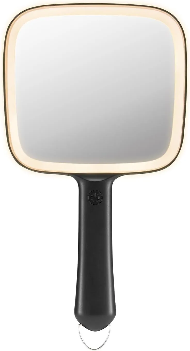 Lighted Handheld Mirror with Linear Lighting, Battery-Operated Travel Vanity Mirror (Black,11''x6.2'')