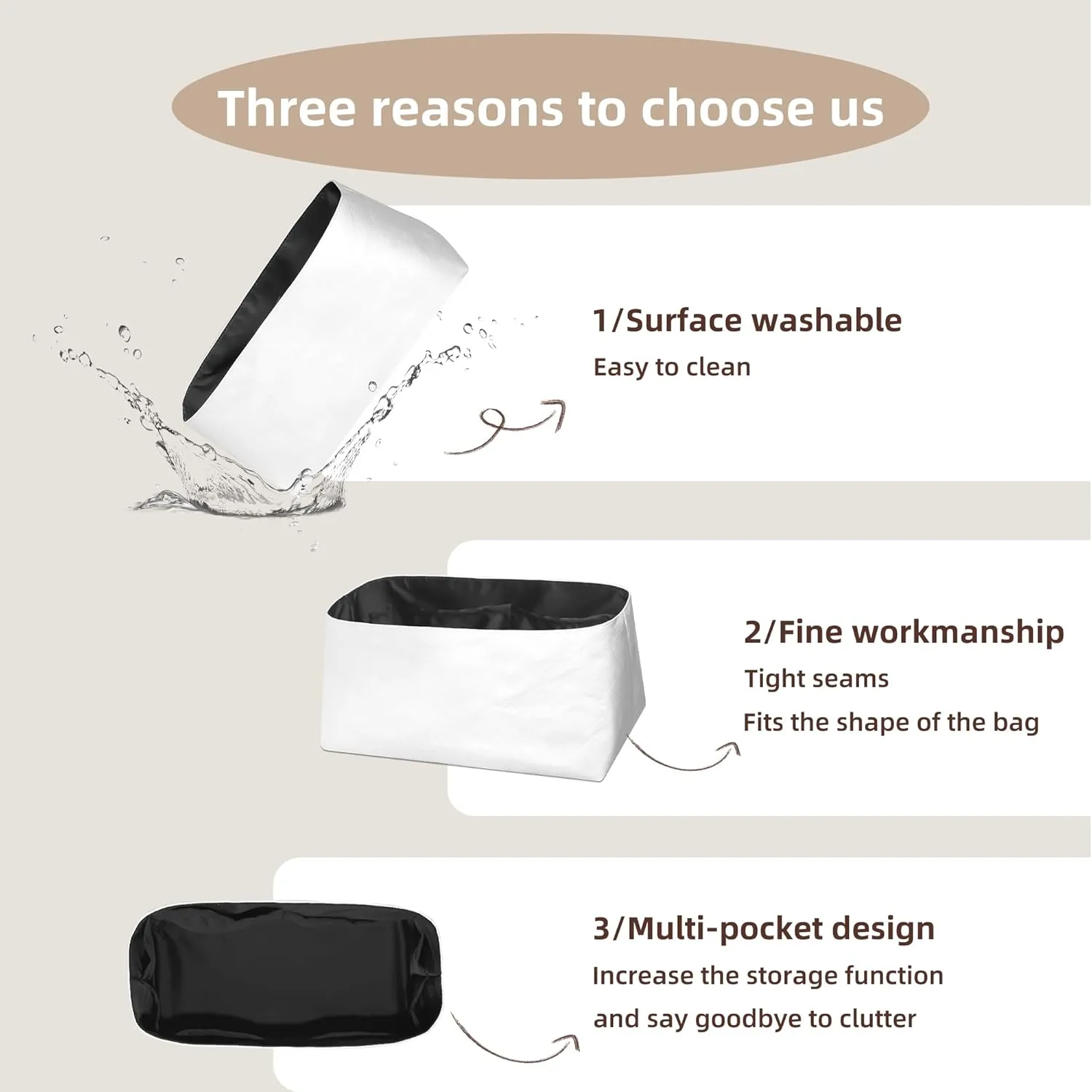 Lightweight Purse Insert Fit for LV Carryall Cargo, Waterproof Dupontpaper Surface and Silky Satin Lining (Vibe MM, Black)