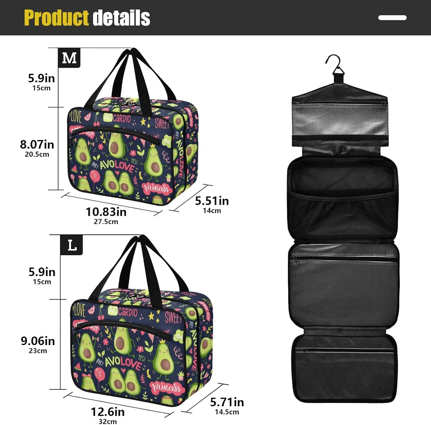 linqin Toiletry Bag for Travel, Cute Little Avocado Makeup Bag Large Cosmetic Bag Organizer with Hanging Hook for Women Men