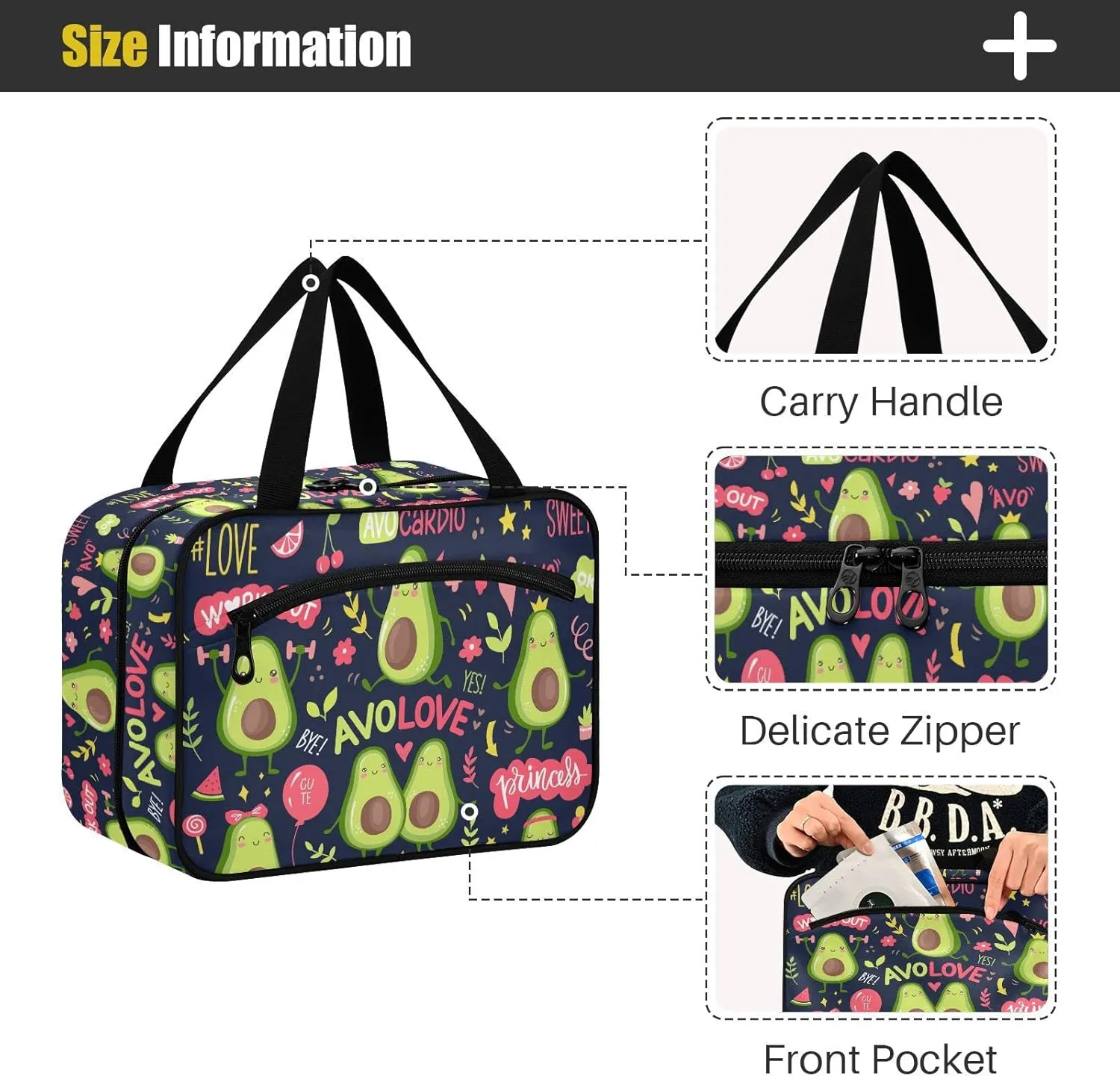 linqin Toiletry Bag for Travel, Cute Little Avocado Makeup Bag Large Cosmetic Bag Organizer with Hanging Hook for Women Men