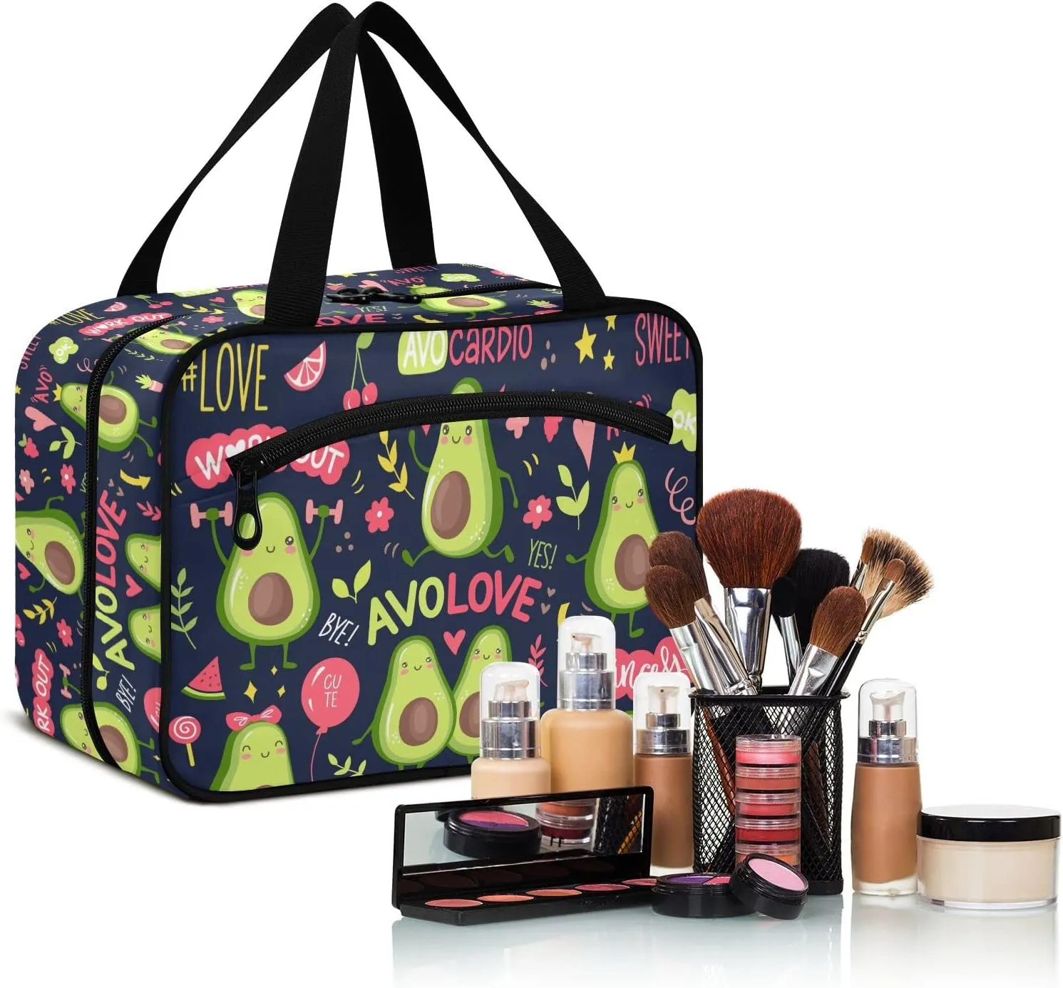 linqin Toiletry Bag for Travel, Cute Little Avocado Makeup Bag Large Cosmetic Bag Organizer with Hanging Hook for Women Men