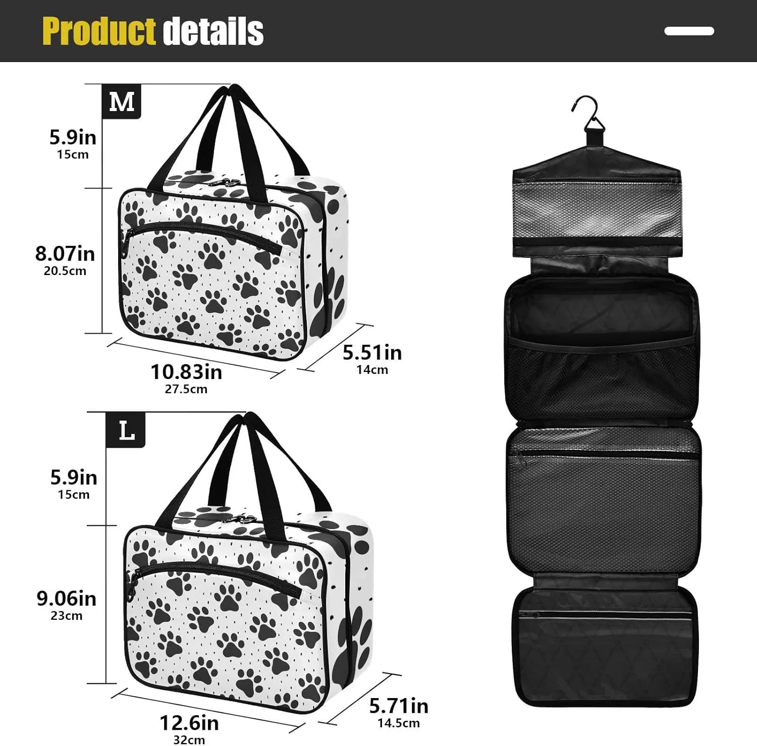 linqin Toiletry Bag for Travel, Footprint Black Makeup Bag Large Cosmetic Bag Organizer with Hanging Hook for Women Men