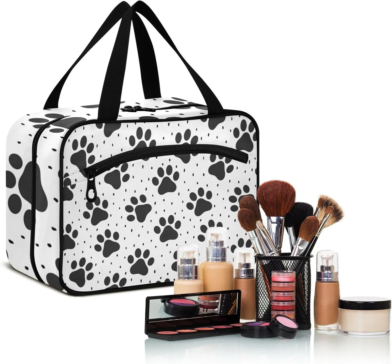 linqin Toiletry Bag for Travel, Footprint Black Makeup Bag Large Cosmetic Bag Organizer with Hanging Hook for Women Men