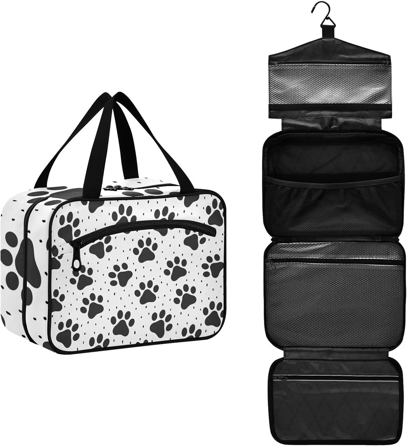 linqin Toiletry Bag for Travel, Footprint Black Makeup Bag Large Cosmetic Bag Organizer with Hanging Hook for Women Men