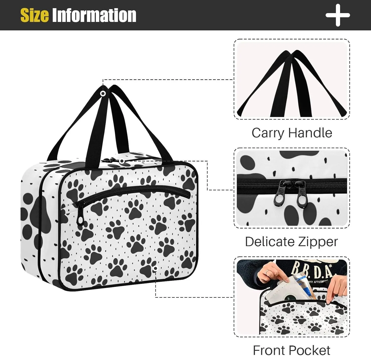 linqin Toiletry Bag for Travel, Footprint Black Makeup Bag Large Cosmetic Bag Organizer with Hanging Hook for Women Men