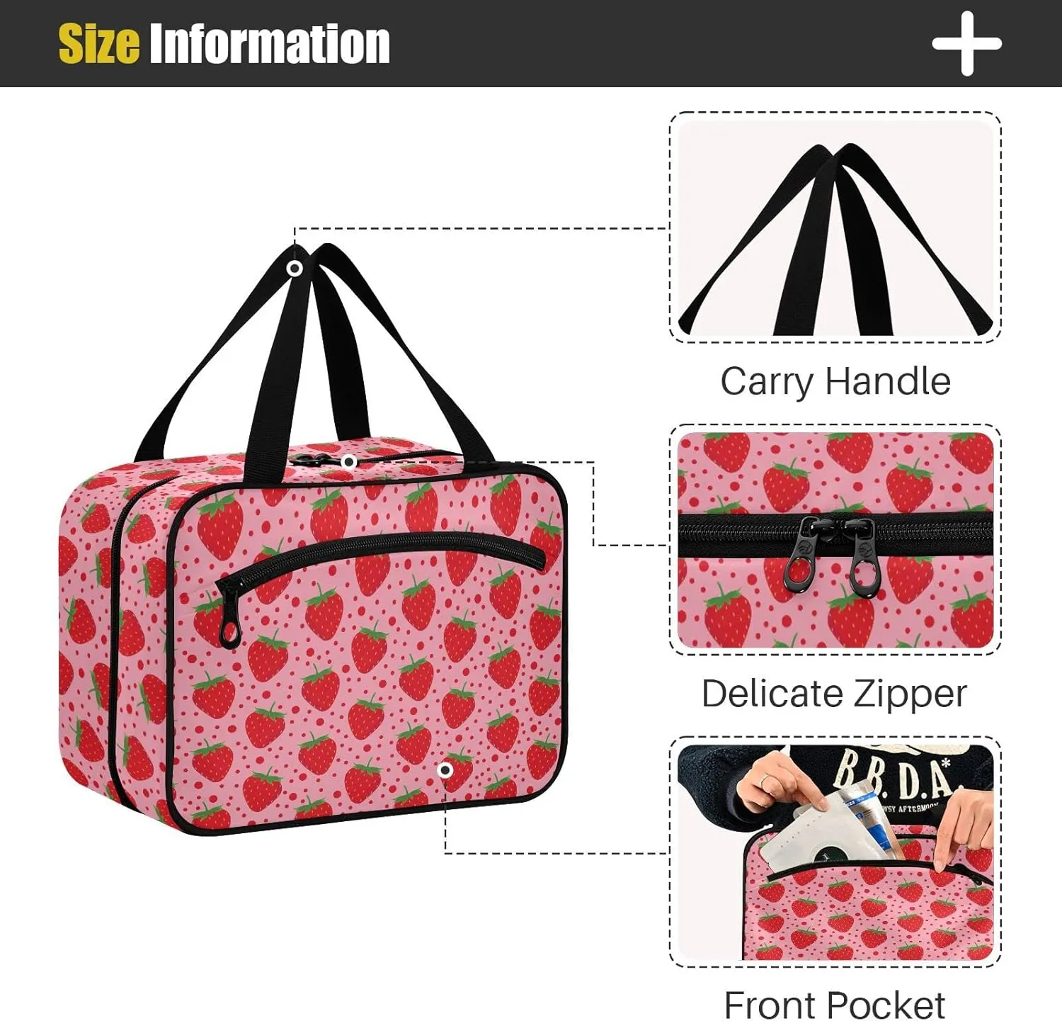 linqin Toiletry Bag for Travel, Strawberry Pattern Makeup Bag Large Cosmetic Bag Organizer with Hanging Hook for Women Men