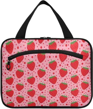 linqin Toiletry Bag for Travel, Strawberry Pattern Makeup Bag Large Cosmetic Bag Organizer with Hanging Hook for Women Men