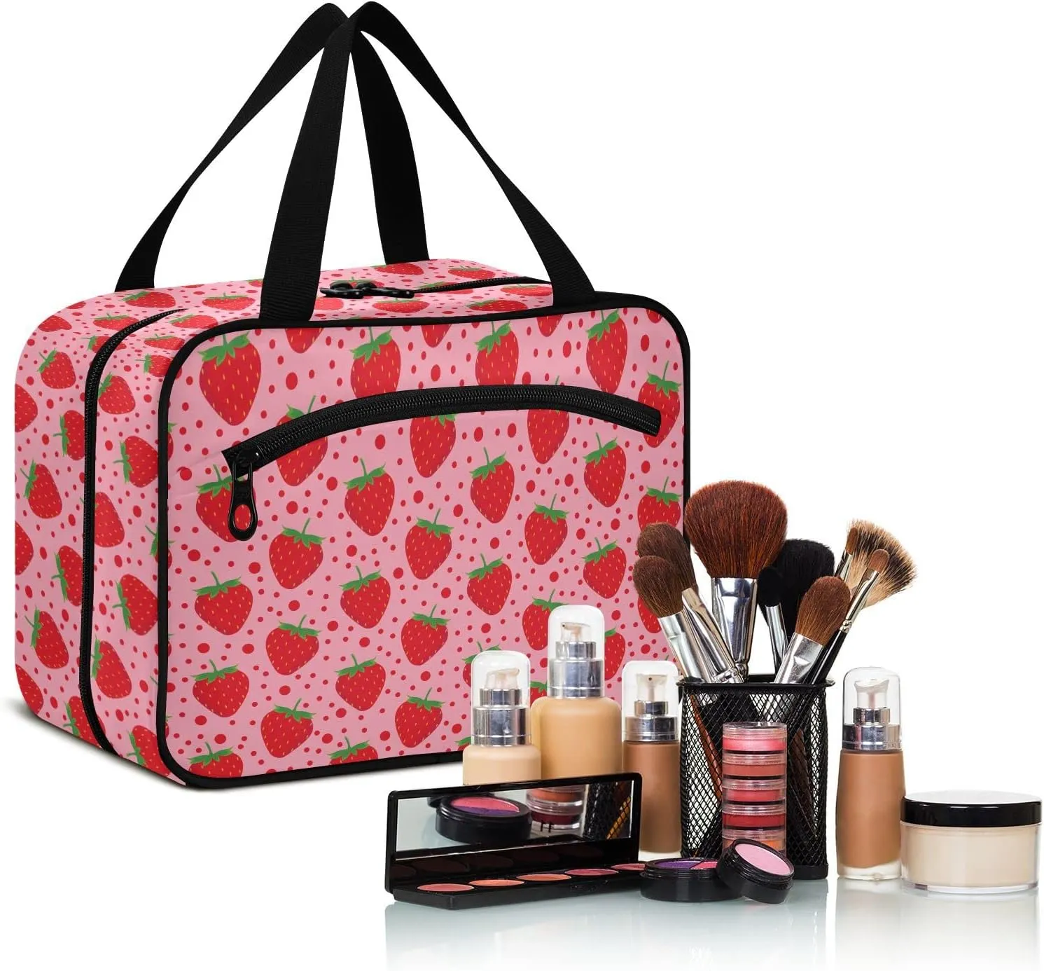 linqin Toiletry Bag for Travel, Strawberry Pattern Makeup Bag Large Cosmetic Bag Organizer with Hanging Hook for Women Men