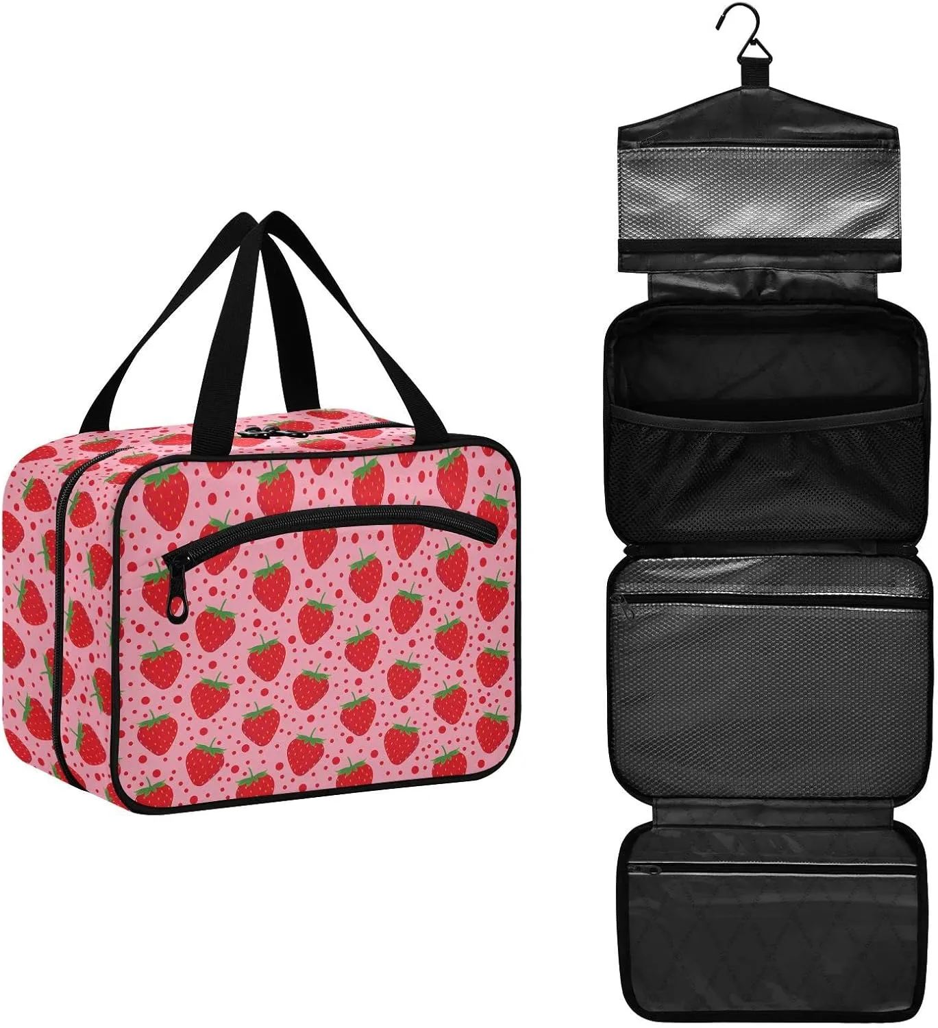 linqin Toiletry Bag for Travel, Strawberry Pattern Makeup Bag Large Cosmetic Bag Organizer with Hanging Hook for Women Men