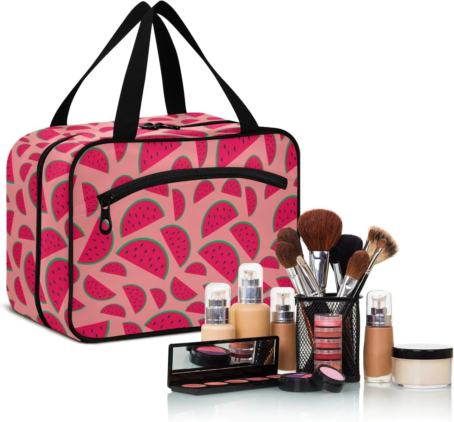 linqin Toiletry Bag for Travel, Watermelon Makeup Bag Large Cosmetic Bag Organizer with Hanging Hook for Women Men