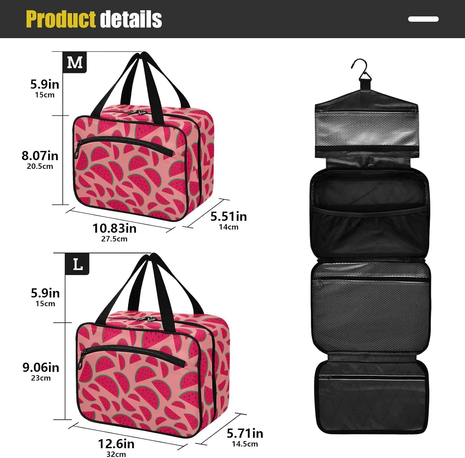 linqin Toiletry Bag for Travel, Watermelon Makeup Bag Large Cosmetic Bag Organizer with Hanging Hook for Women Men