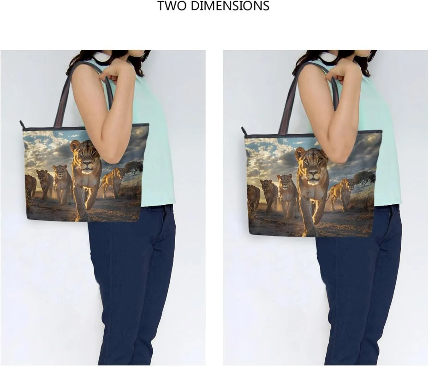Lion Herd Women Tote Bag with Zipper, Patterned Handbag Purse Reusable Grocery Bag L