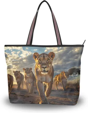 Lion Herd Women Tote Bag with Zipper, Patterned Handbag Purse Reusable Grocery Bag L