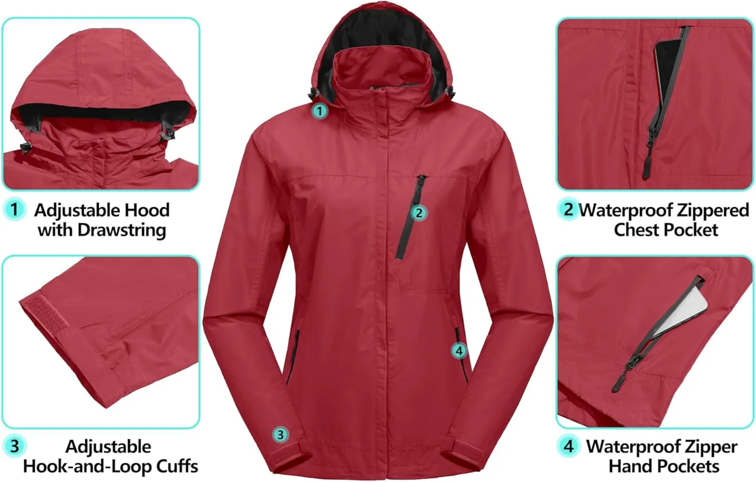 Little Donkey Andy Women's Waterproof Rain Jacket with Hood Breathable Lightweight Windbreaker Rain Shell Coat