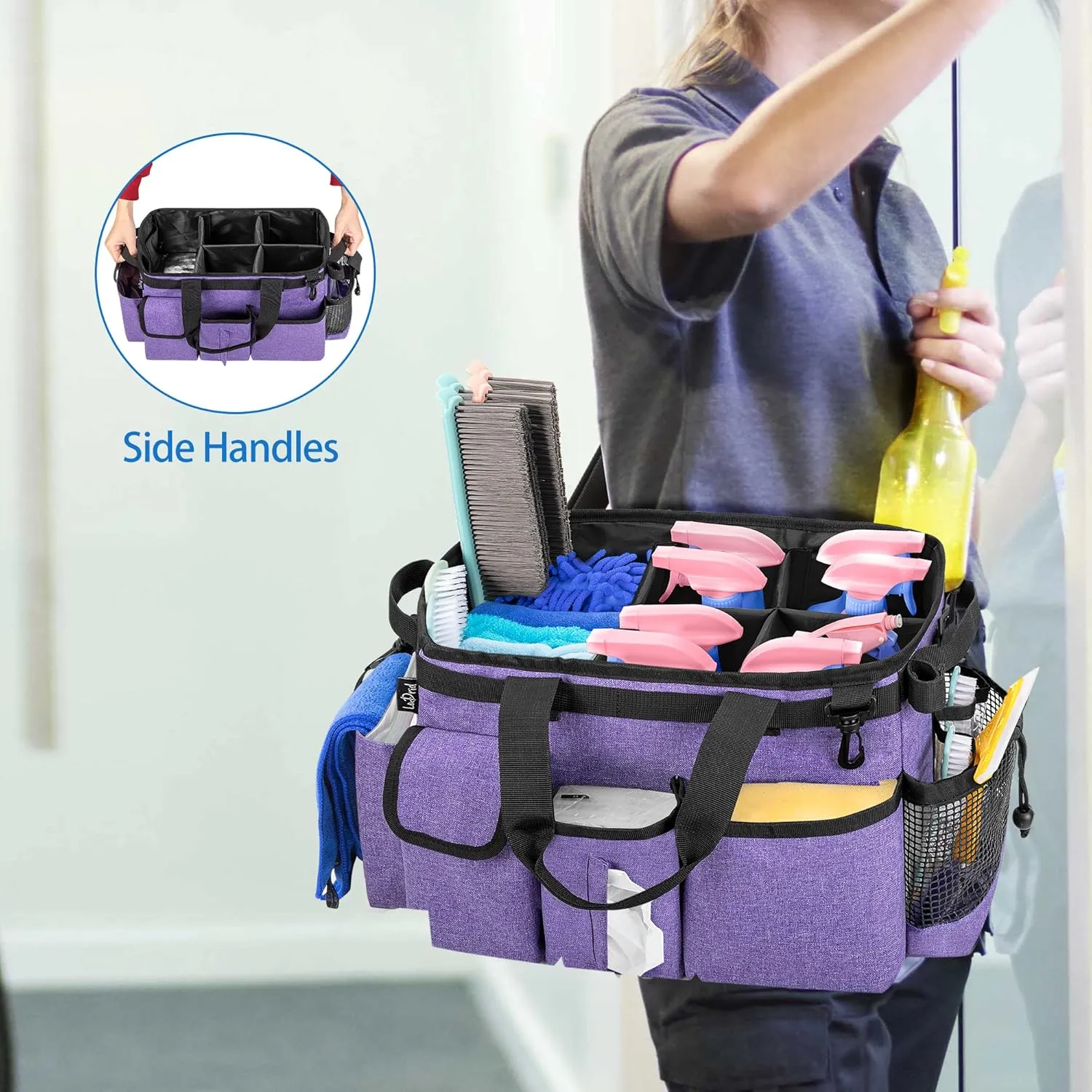 LoDrid Large Wearable Cleaning Caddy Bag with Detachable Divider, Cleaning Supply Tote Organizer with Handles and Adjustable Shoulder Strap for Cleaners & Housekeepers, Purple
