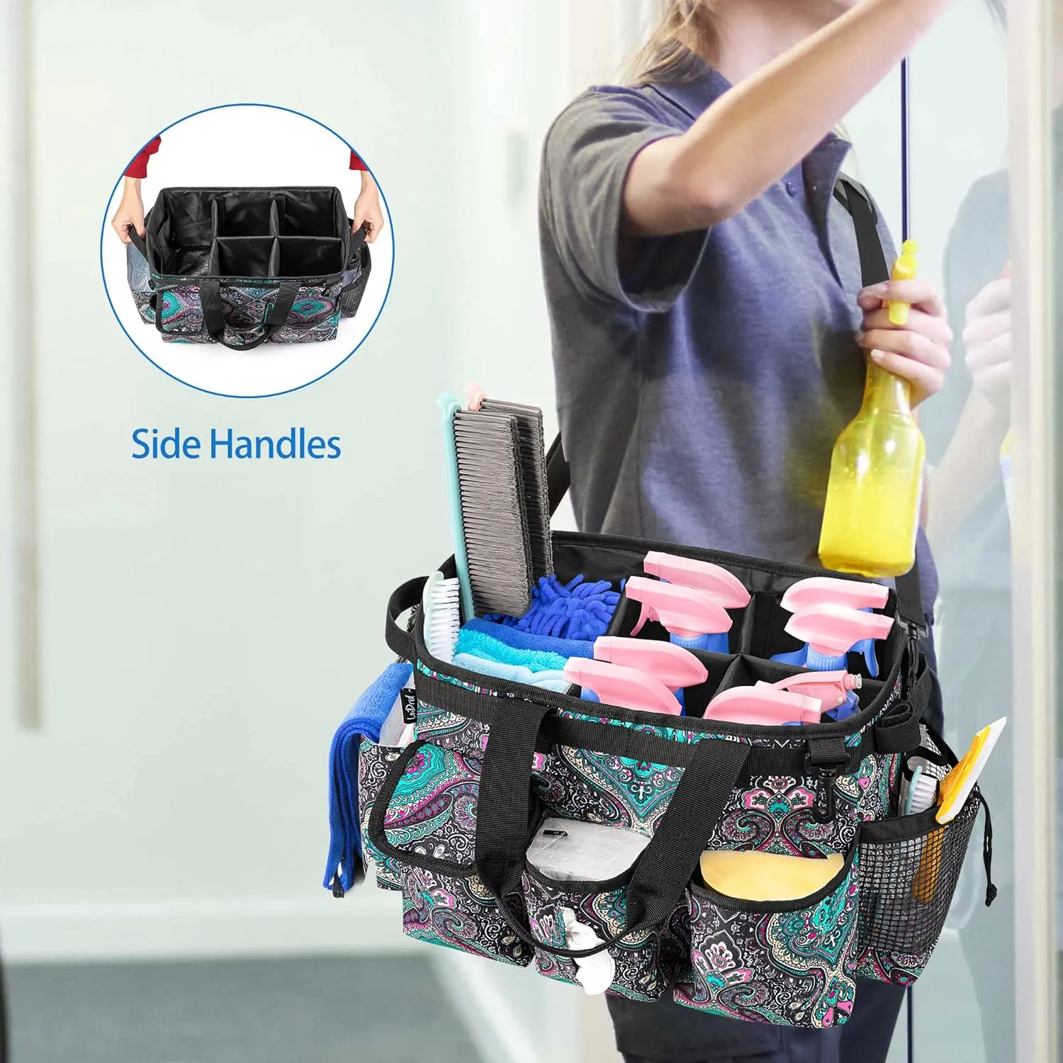 LoDrid Large Wearable Cleaning Caddy Bag with Detachable Divider, Cleaning Supply Tote Organizer with Handles and Adjustable Shoulder Strap for Cleaners & Housekeepers, Totem
