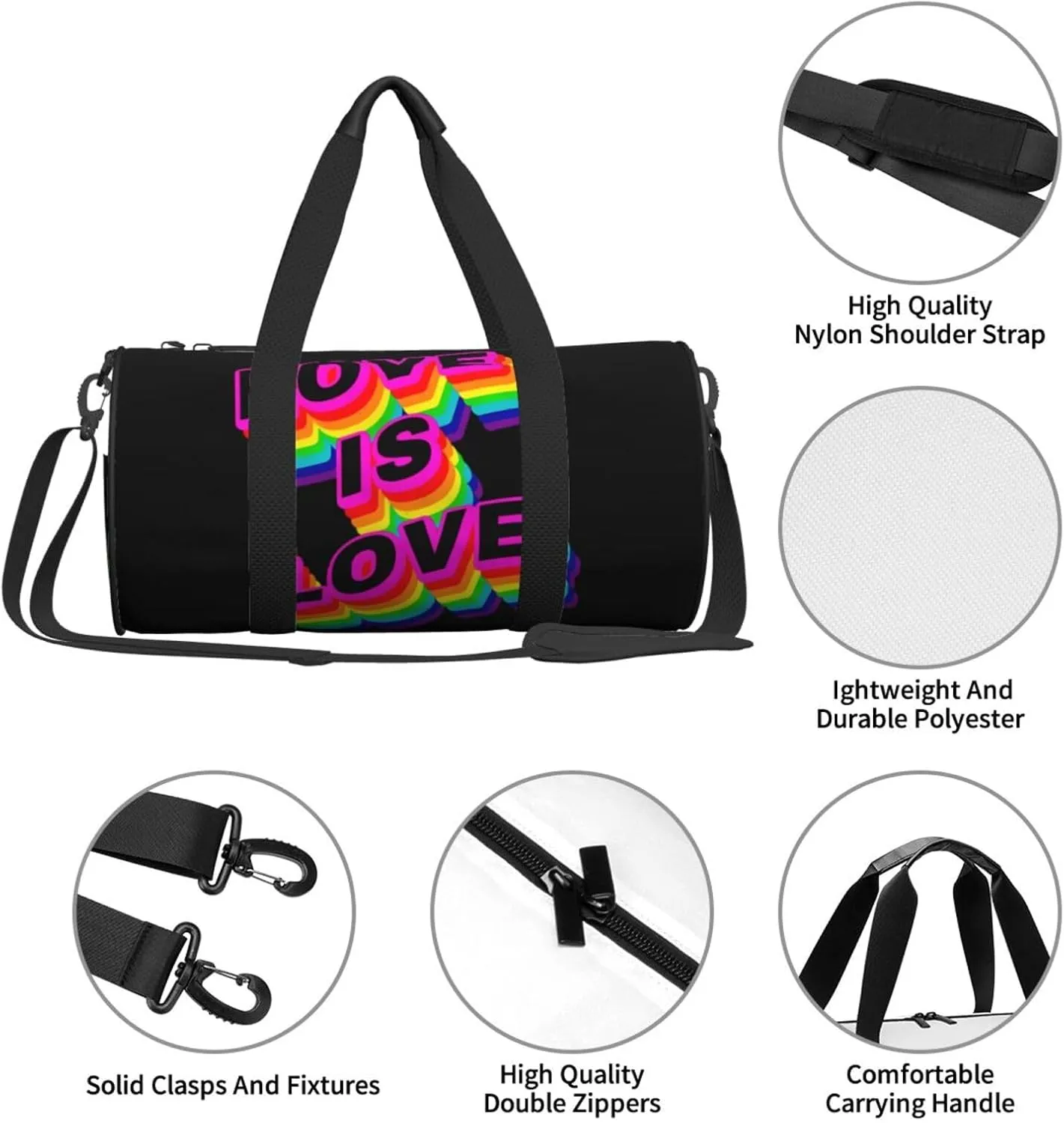Love is love LGBT Pride Rainbow Gay Round Travel Duffel Bag Large Capacity Gym Sports Bags for Hiking Vacation Trips