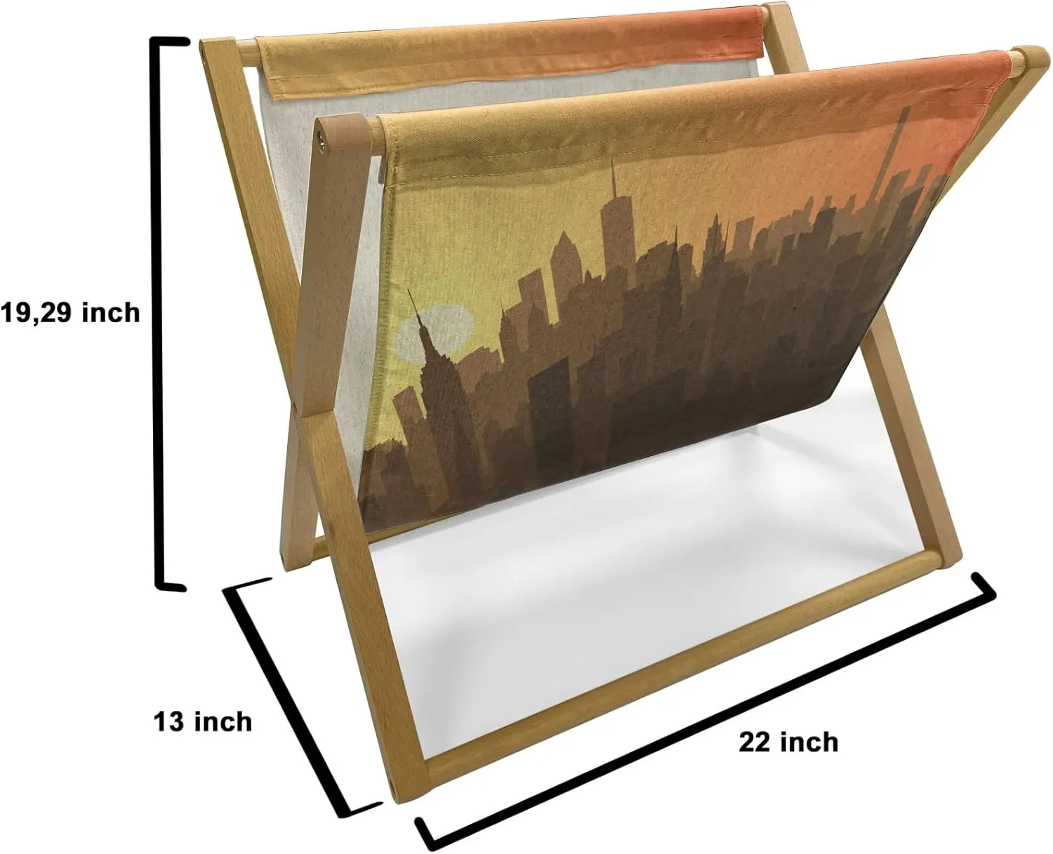 Lunarable New York Skyline Magazine and Book Holder, Relief of a Sunset View of City Charmed by The Landscape Art, Floor Rack Organizer for Office Home and School, 22"x19", Apricot Dark Cocoa