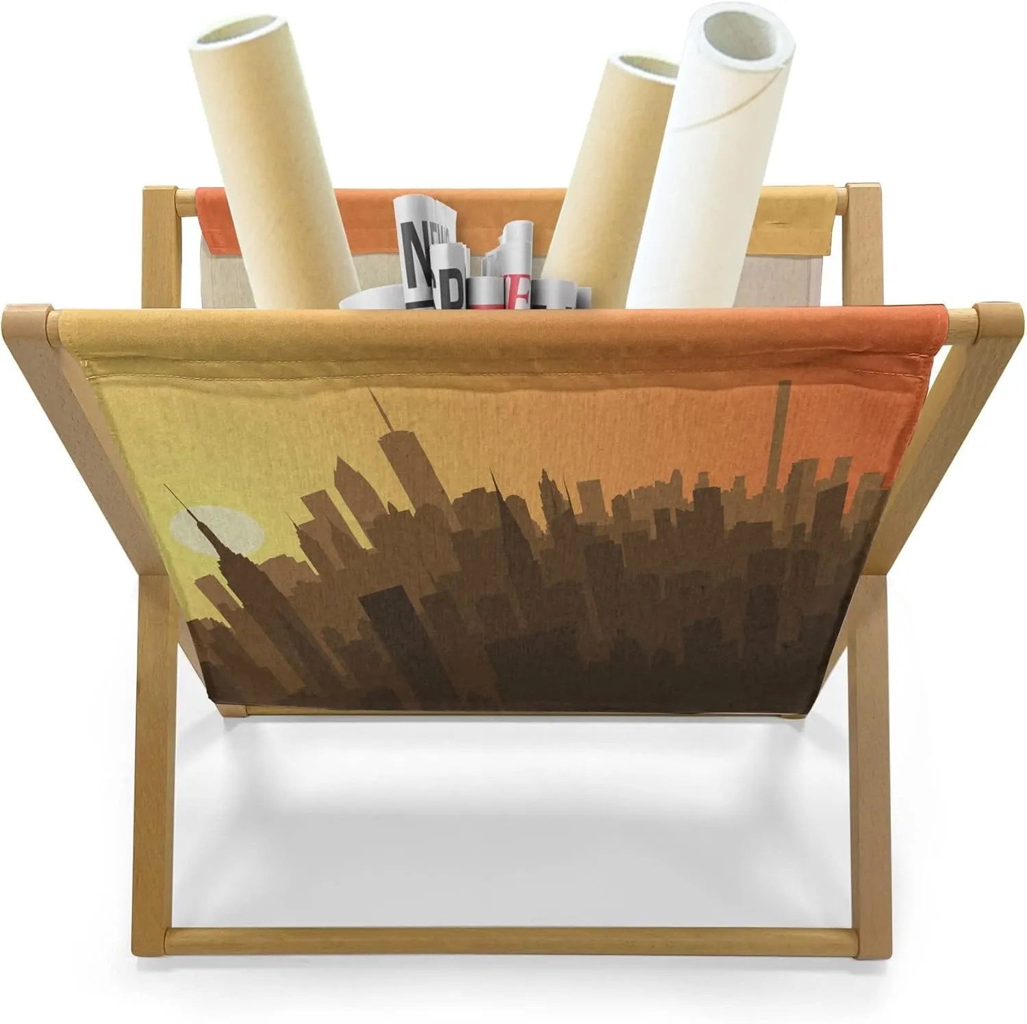 Lunarable New York Skyline Magazine and Book Holder, Relief of a Sunset View of City Charmed by The Landscape Art, Floor Rack Organizer for Office Home and School, 22"x19", Apricot Dark Cocoa