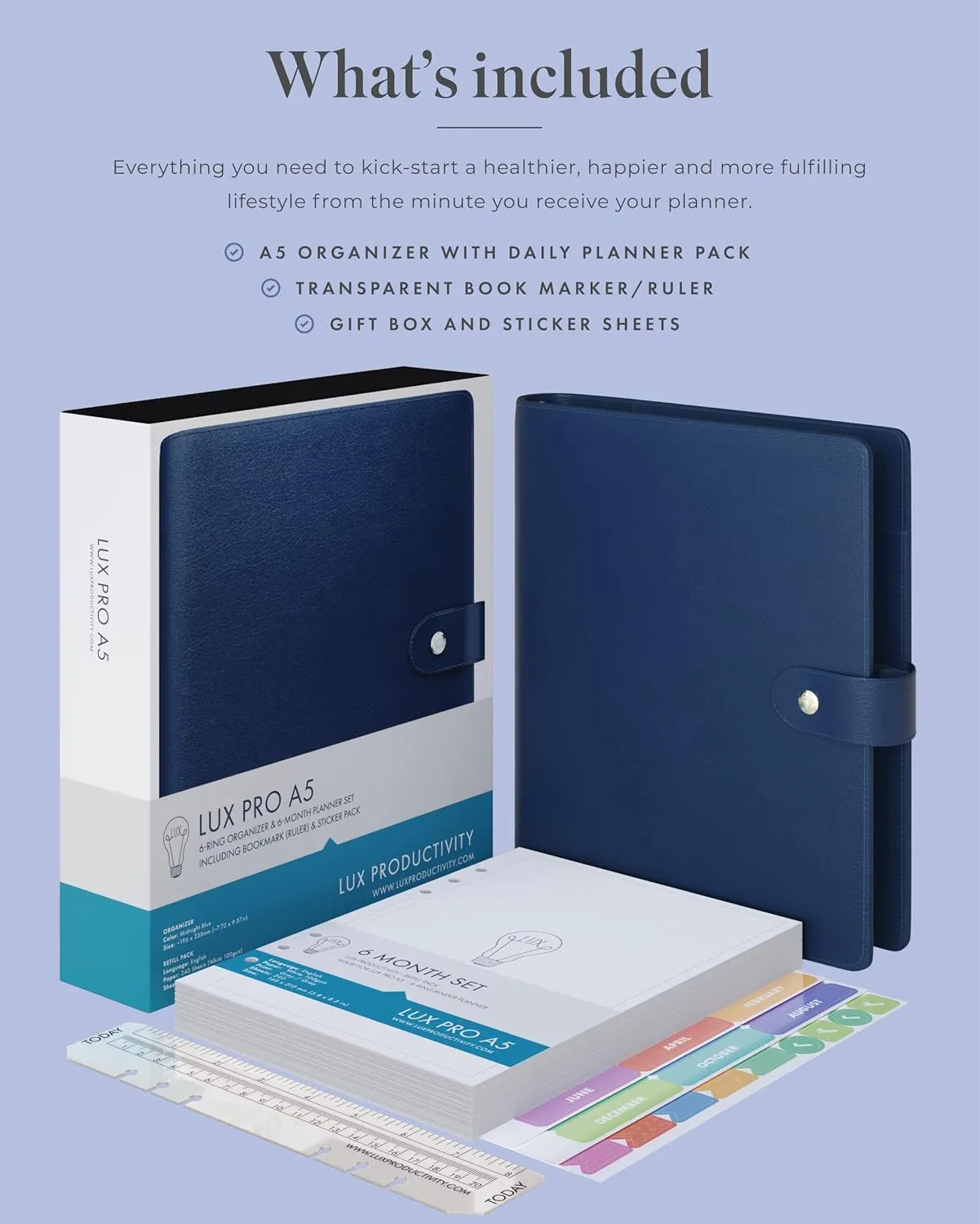 LUX PRO A5 - Daily Planner & appointment diary 2024 - Gratitude journal, wellness journal & Undated weekly planners and organisers - Desk journals for women & men - LUX Productivity (Blue - Midnight)
