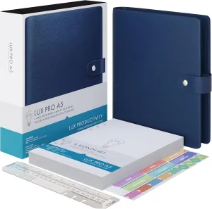 LUX PRO A5 - Daily Planner & appointment diary 2024 - Gratitude journal, wellness journal & Undated weekly planners and organisers - Desk journals for women & men - LUX Productivity (Blue - Midnight)