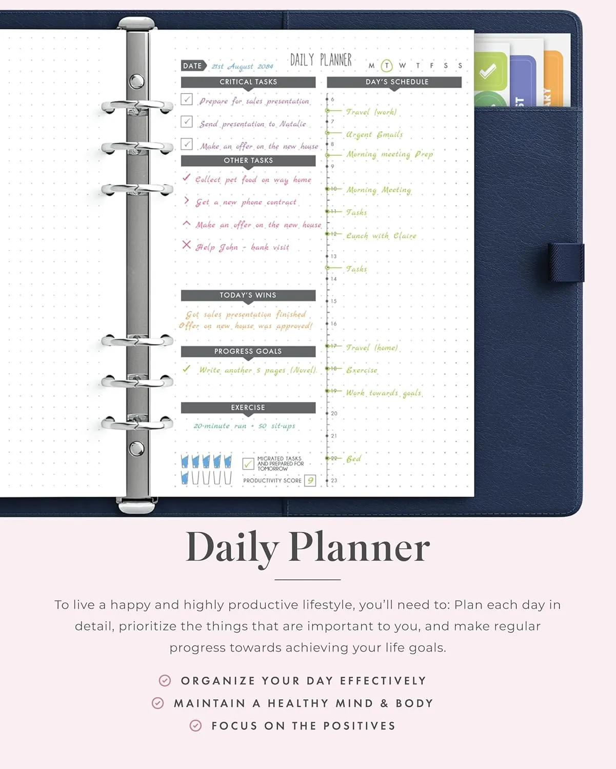LUX PRO A5 - Daily Planner & appointment diary 2024 - Gratitude journal, wellness journal & Undated weekly planners and organisers - Desk journals for women & men - LUX Productivity (Blue - Midnight)
