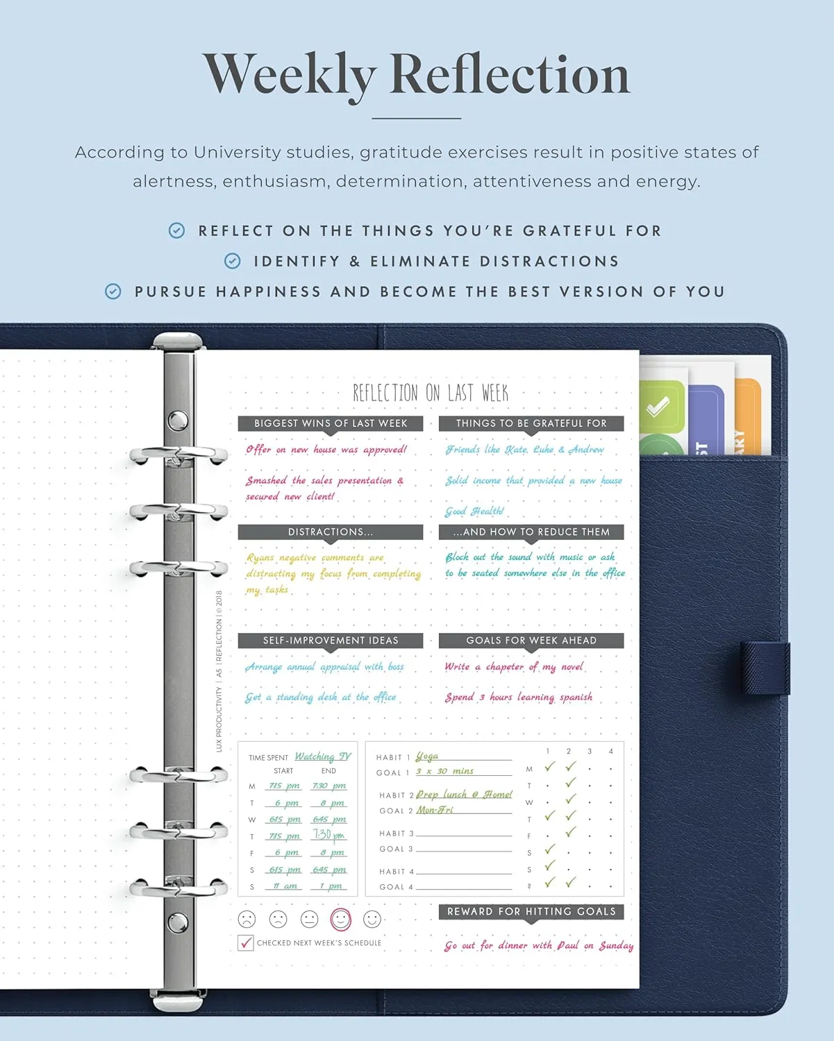 LUX PRO A5 - Daily Planner & appointment diary 2024 - Gratitude journal, wellness journal & Undated weekly planners and organisers - Desk journals for women & men - LUX Productivity (Blue - Midnight)