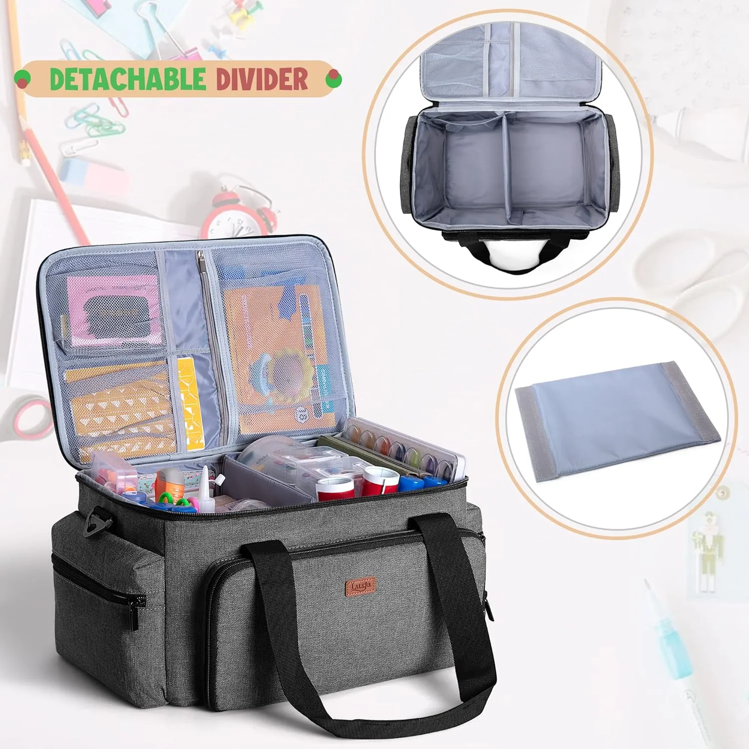 LUXJA Large Capacity Craft Bag with Shoulder Strap, Craft Tote for Art, Scrapbooking or Sewing Supplies (Bag Only), Gray