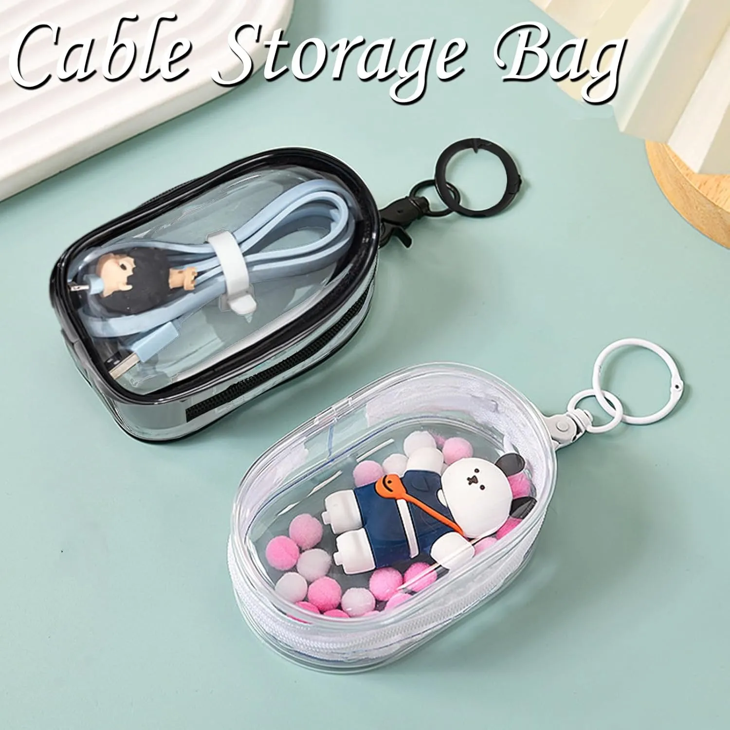 LYDZTION 3Pcs Clear Makeup Bag Mini Makeup Bag Keychain for Women,Waterproof Makeup Bag Key Pocket Lipstick Bag Card Holder Data Cable Organizer Zipper Pouch, Black and White, YANGM-1-06