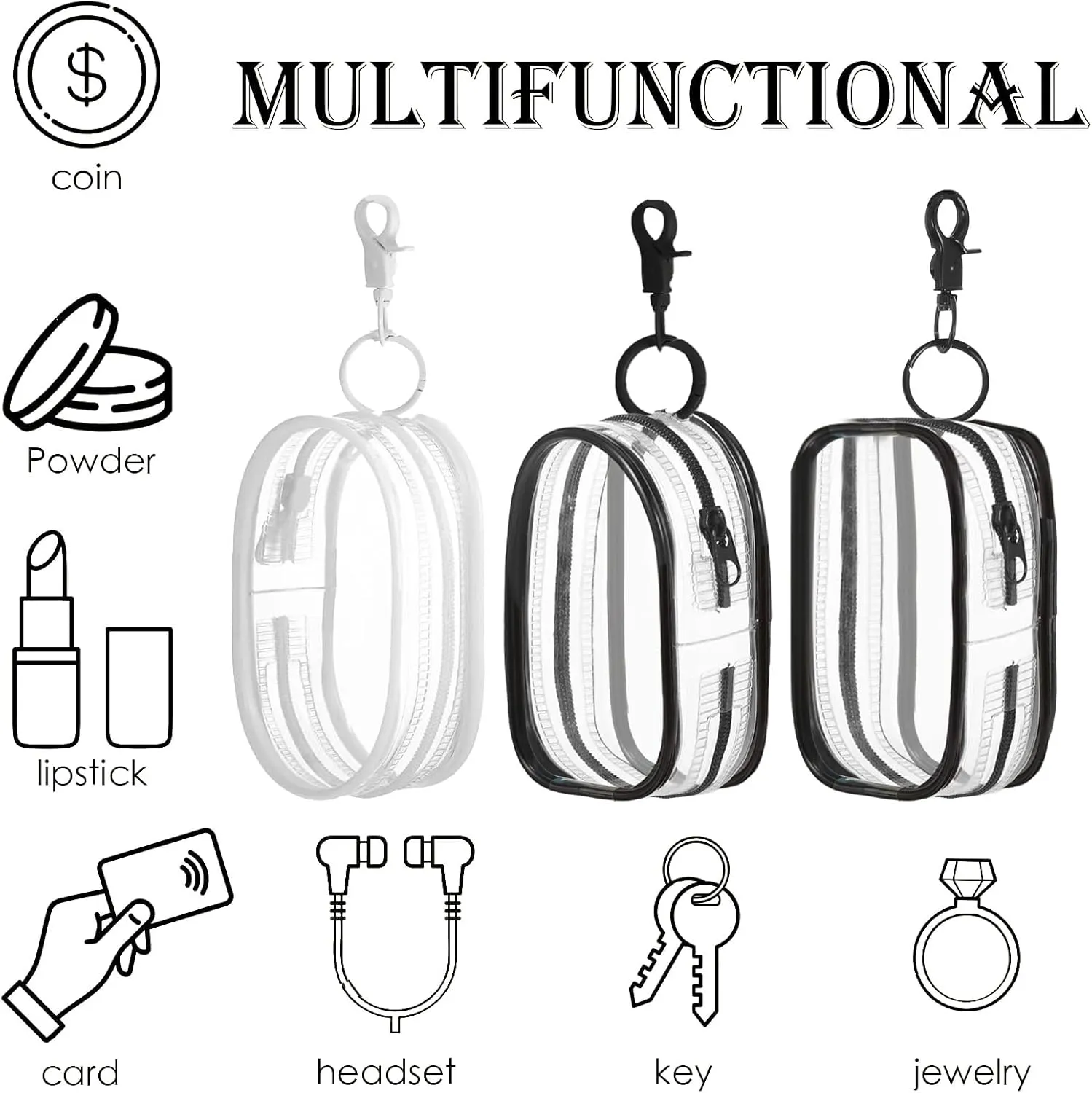 LYDZTION 3Pcs Clear Makeup Bag Mini Makeup Bag Keychain for Women,Waterproof Makeup Bag Key Pocket Lipstick Bag Card Holder Data Cable Organizer Zipper Pouch, Black and White, YANGM-1-06