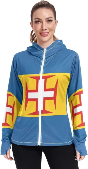 Madeira Flag Sun Protective Shirts, Upf 50  Zip up Outdoor Clothes, (S-XXL)