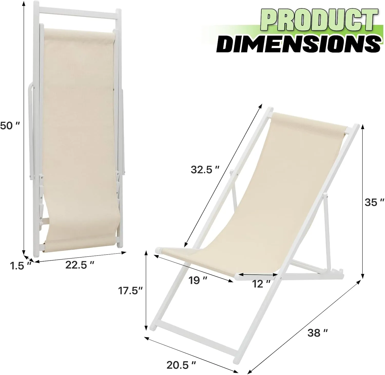 Magshion Folding Beach Sling Chairs Set of 2, 4 Level Adjustable Reclining Design, Lightweight Aluminum Frame, Portable Outdoor Chair for Backyard, Poolside and Camping, Support to 250 lbs, Beige