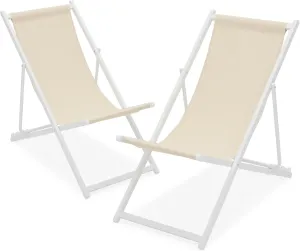 Magshion Folding Beach Sling Chairs Set of 2, 4 Level Adjustable Reclining Design, Lightweight Aluminum Frame, Portable Outdoor Chair for Backyard, Poolside and Camping, Support to 250 lbs, Beige