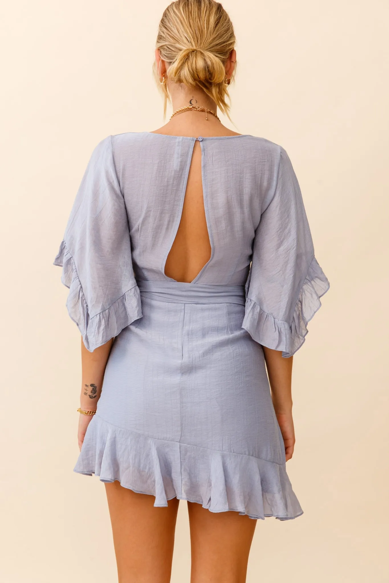 Make It Happen Flared Sleeve Ruffle Trim Dress Steel Blue