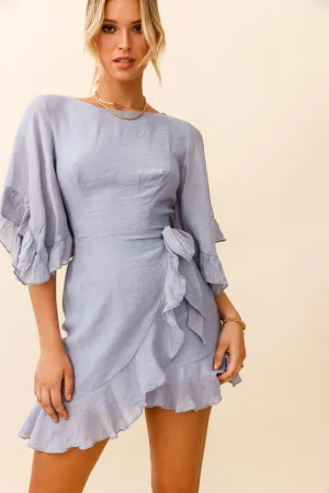 Make It Happen Flared Sleeve Ruffle Trim Dress Steel Blue