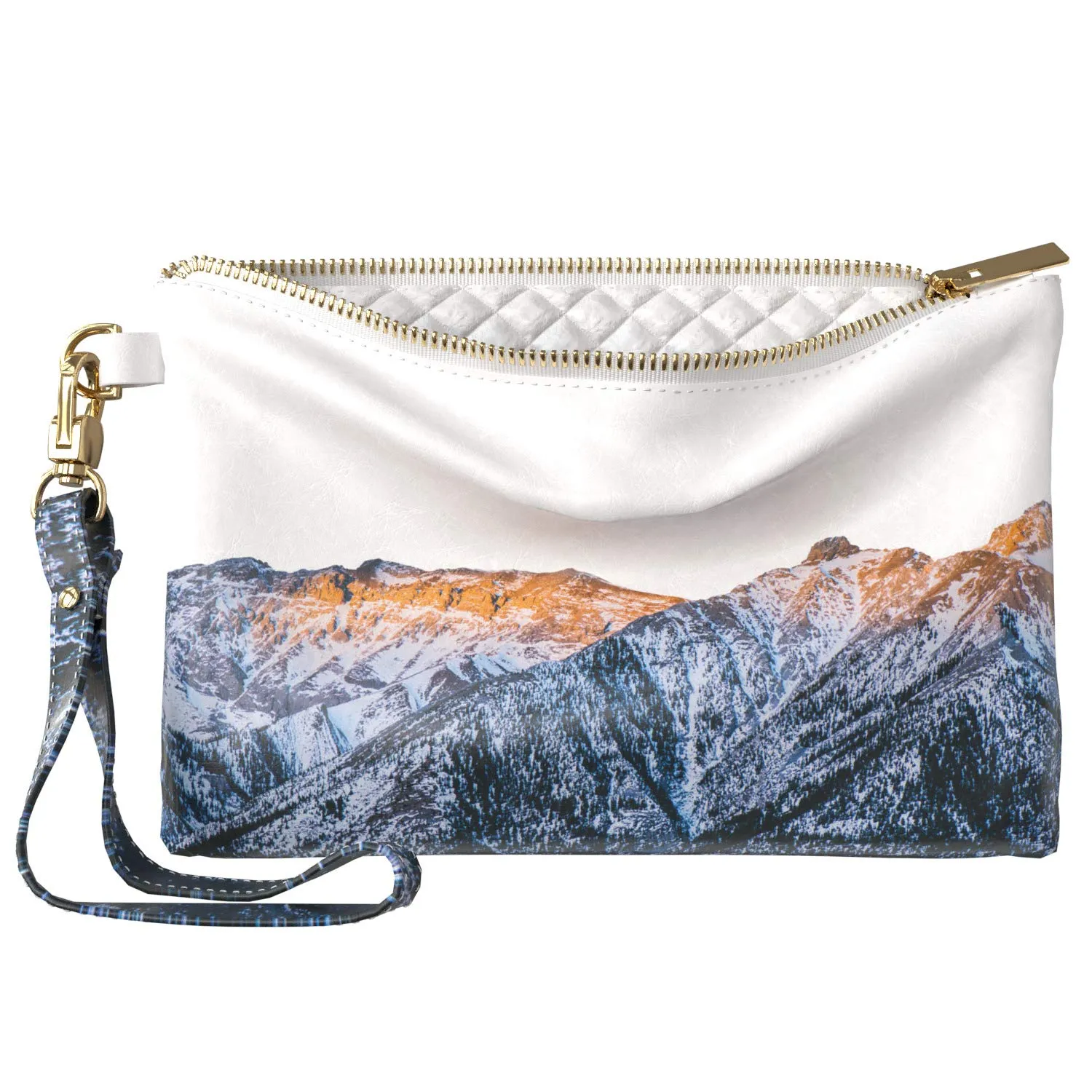 Makeup Bag 9.5 x 6 inch Sunrise Portable Organizer Design Strap Accessories Purse Pouch Print PU Leather Toiletry Zipper Travel Case Range Capped Snow Aerial View Mountains Storage Cosmetic