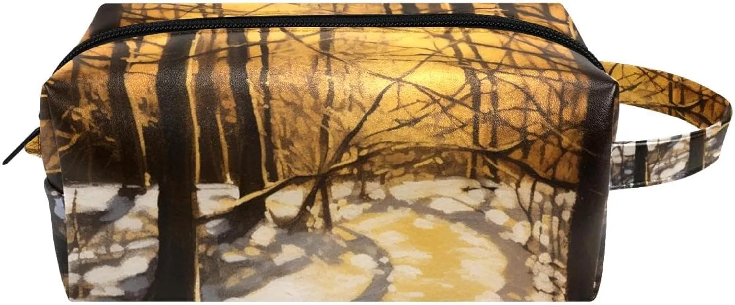 Makeup Bag Small,Makeup Travel Bag,Winter Forest Tree Path,Makeup Organizer Bag
