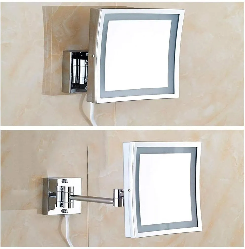 Makeup Mirror Vanity Mirror Wall Mounted LED Lighted 3X Magnification Bathroom Shaving Mirror Extendable Square Cosmetic Mirror(B)