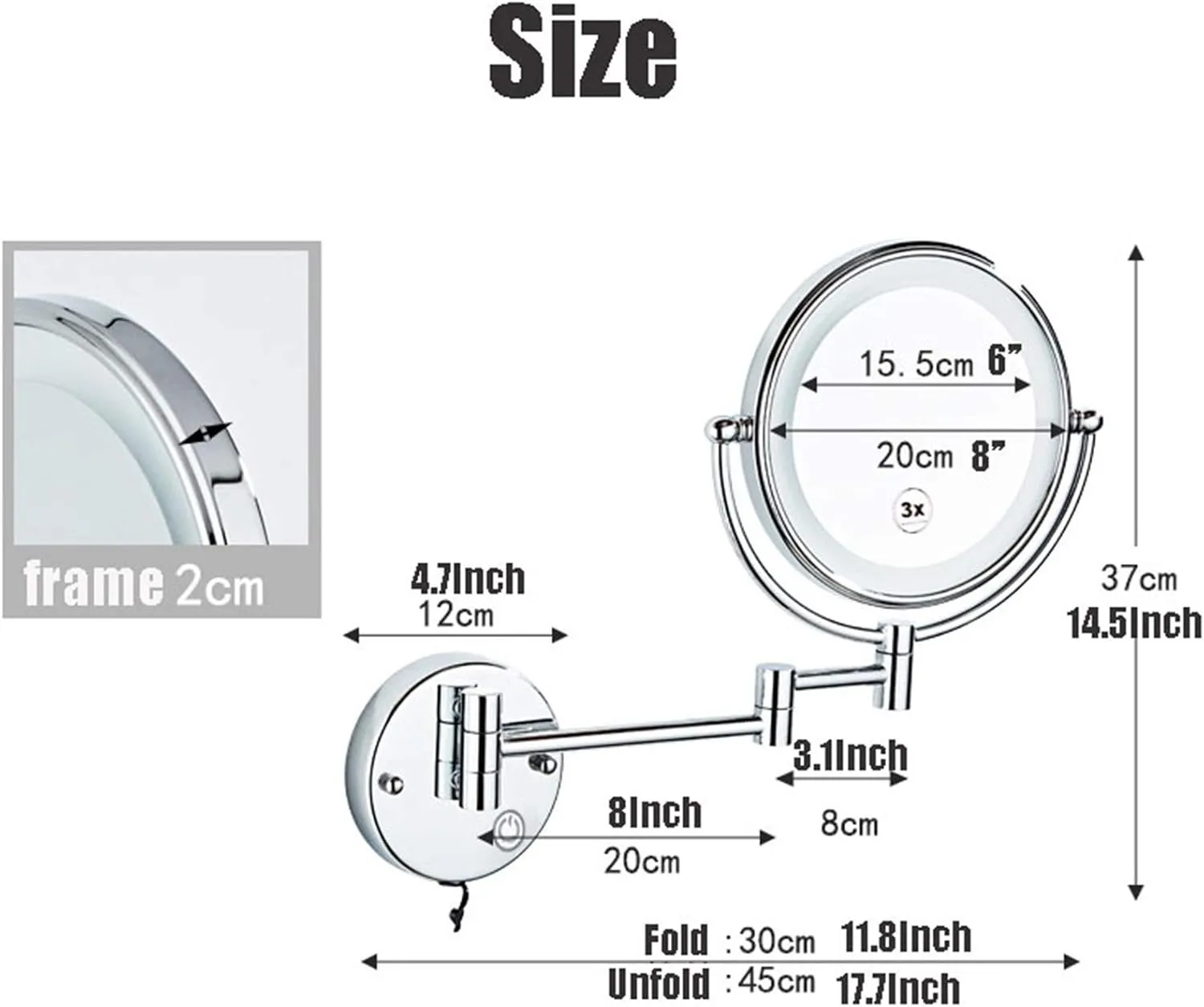 Makeup Mirror Wall Mounted Vanity Mirror Extendable 360 Rotation, Bathroom Shaving Mirror Cosmetic Vanity Mirror 8 Inch(Chrome,5X Magnification)