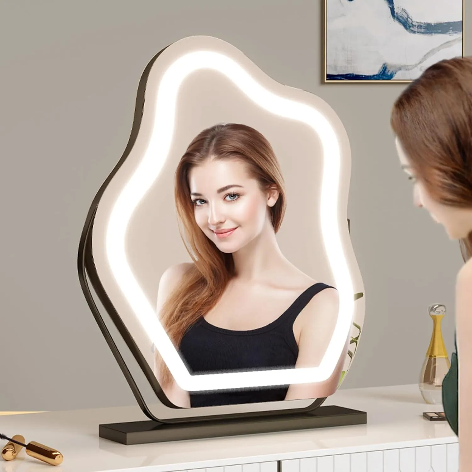 Makeup Mirror With Light Free Standing Desktop Vanity Mirror Gold Large Dressing Table Vanity Mirror For Bedroom，360°Rotating Cosmetic Mirror，Cloud Shape Make-up Mirror With Light(White,43x58cm)