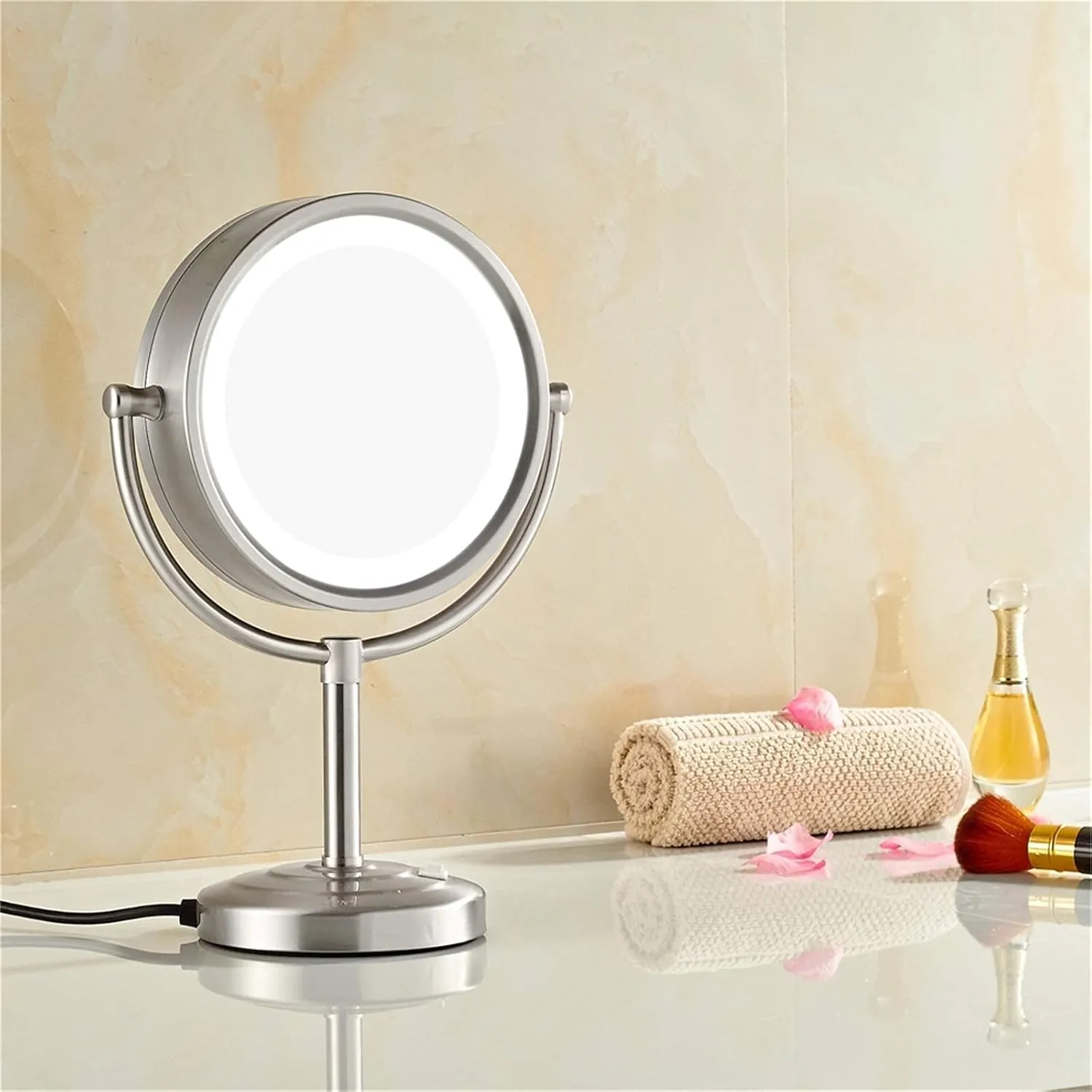 Makeup Mirror with Lights and Magnification,8 Inch Brass Double Sided Led Countertop Vanity Mirrors,360°Rotation Illuminated Cosmetic Mirror,Gold,7X(N