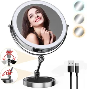 Makeup Mirror with Lights[Brightness Enhanced Version], Real 2000mah Rechargeable Double Sided 10x Magnifying Mirror with 3 Colors Table Vanity Mirror with Adjustable Height and Stand,Chrome