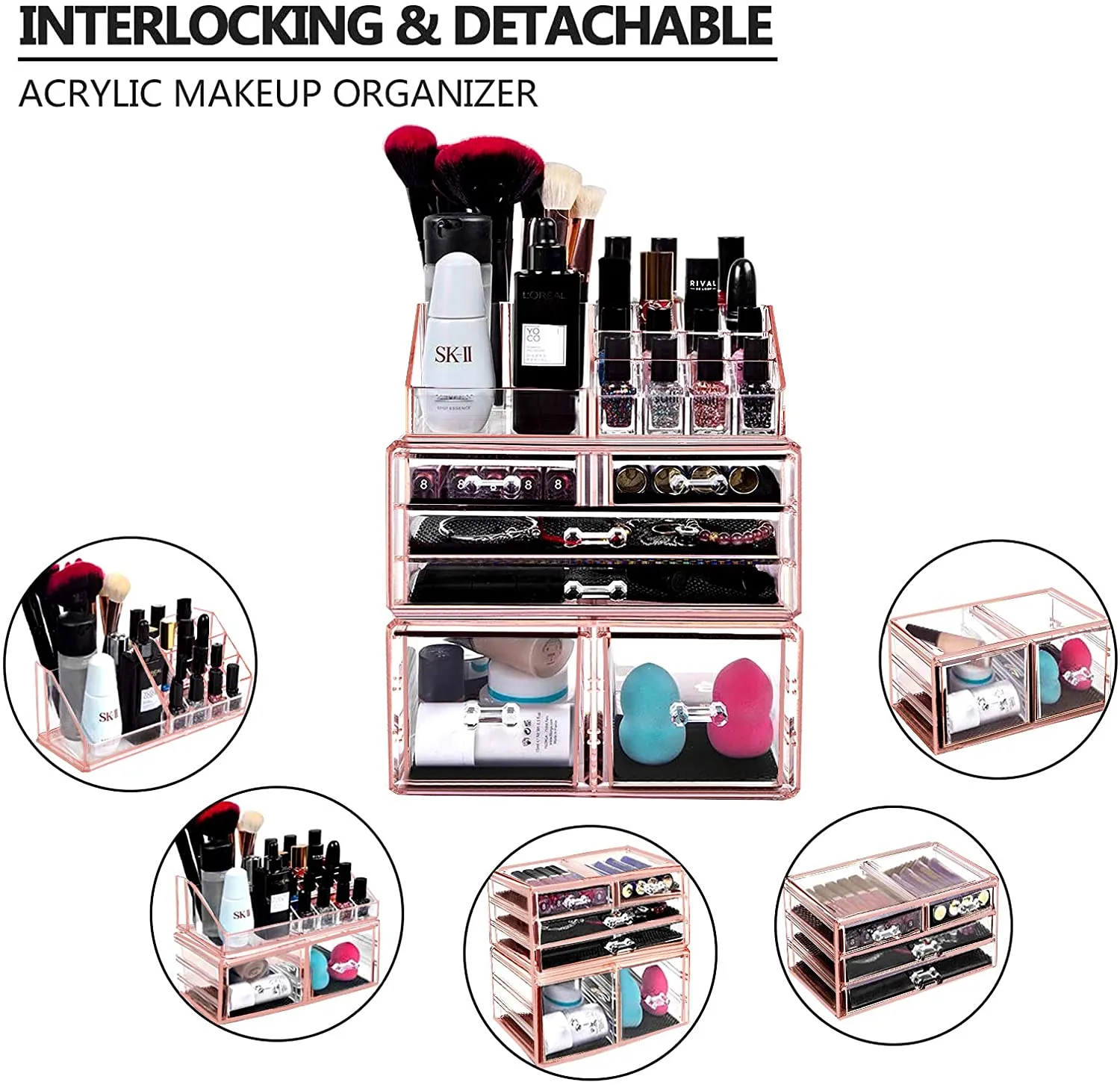 Makeup Organizer 3 Pieces Acrylic Cosmetic Storage Drawers and Jewelry Display Box, Pink