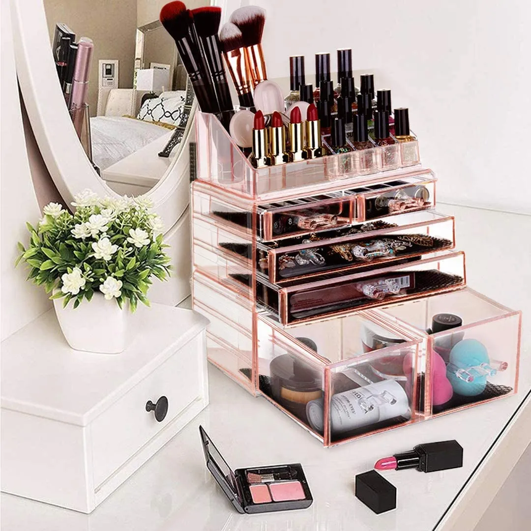Makeup Organizer 3 Pieces Acrylic Cosmetic Storage Drawers and Jewelry Display Box, Pink