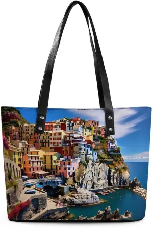 Manarola Italy - Cinque Terre Coastal Town Women's Tote Bag Leather Purse Shoulder Handbag Portable Shopping Bag for Travel Office