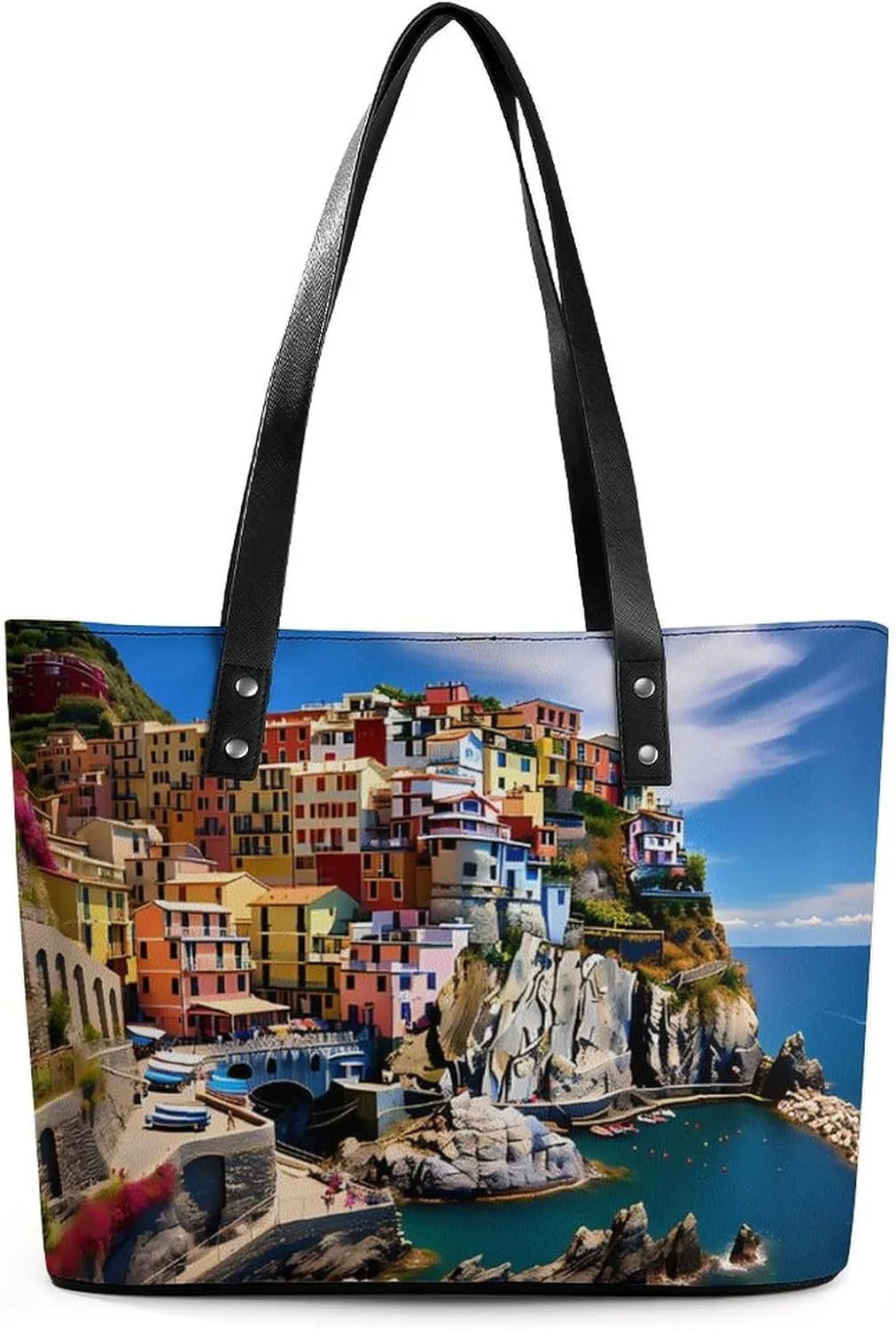 Manarola Italy - Cinque Terre Coastal Town Women's Tote Bag Leather Purse Shoulder Handbag Portable Shopping Bag for Travel Office