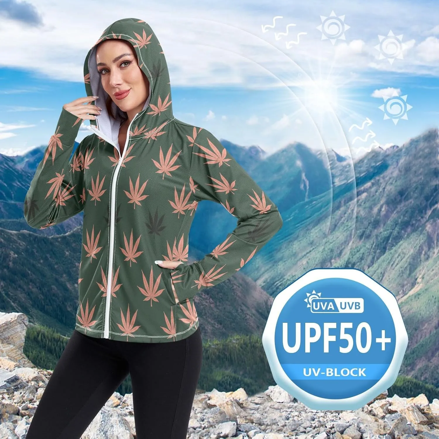 Marijuana Leaves Uv Protection Jacket Upf 50 , Long Sleeve Zip up Outdoor Jacket